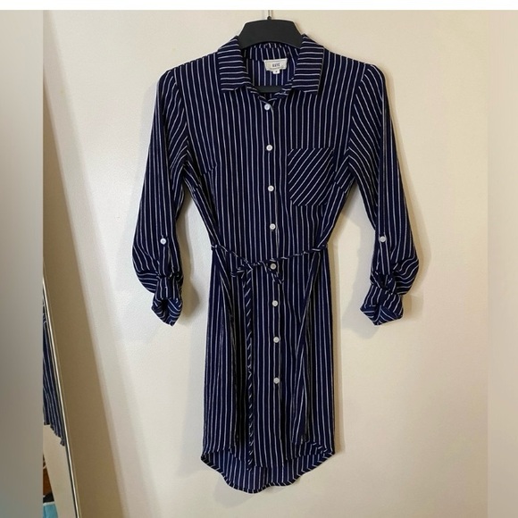 Have Navy and White long sleeves Striped midi Dress Shirt with front tie - Picture 2 of 12